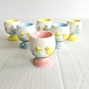 Vintage egg cups set of 6 ceramic bunnies chicks yellow blue pink Easter